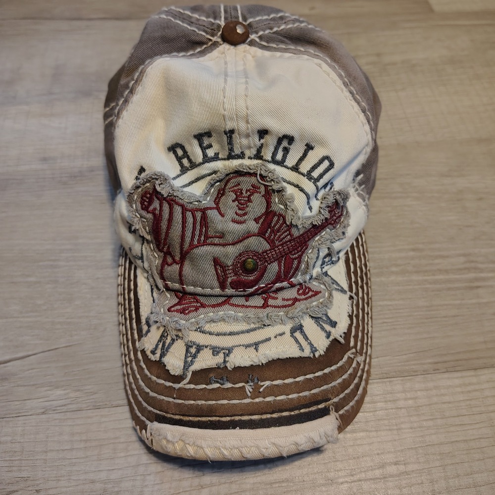 True Religion Mens Distressed Buddha Logo Baseball Cap Grey Cream Leather Strap